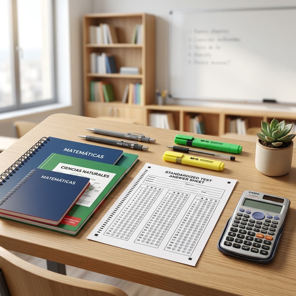 Materiales de estudio para preparación Saber 11 en un escritorio académico