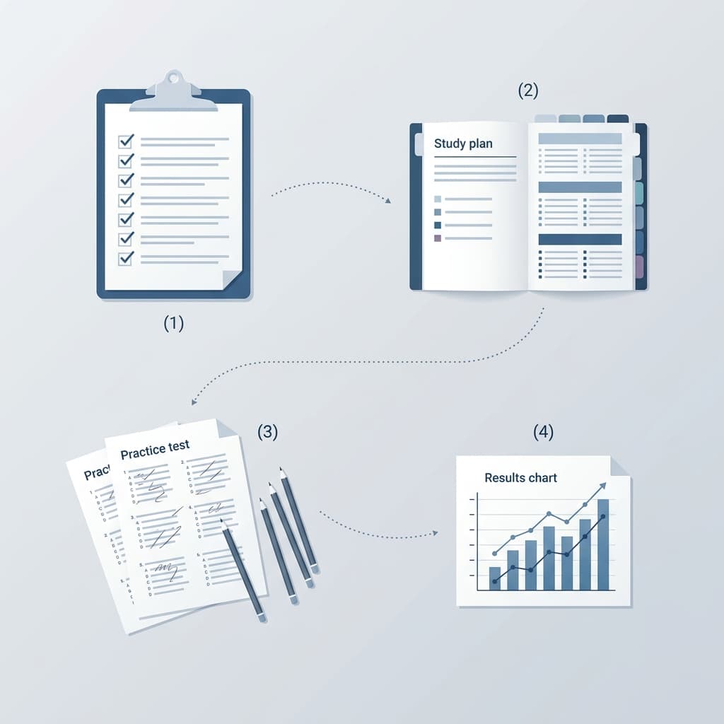 Diagrama visual de la ruta de preparación académica: diagnóstico, plan, práctica y seguimiento